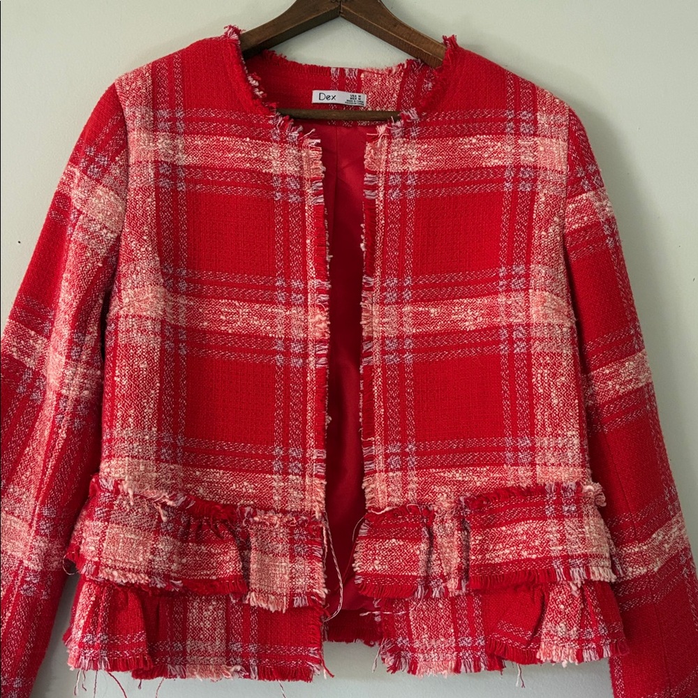 Dex Red Plaid Cropped Blazer Ruffled Accents Frayed Hem - Medium